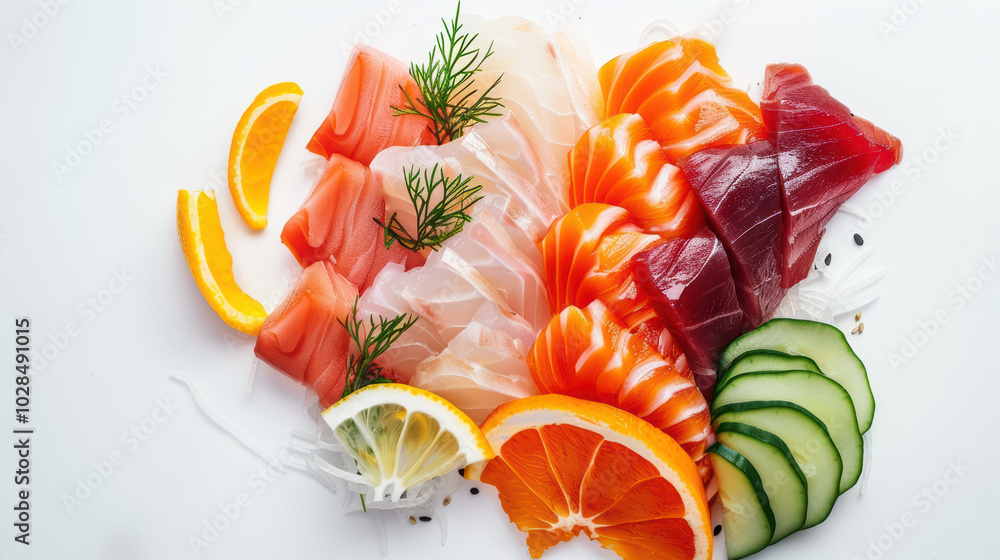 Fresh sashimi platter featuring vibrant slices of salmon, tuna, and white fish, garnished with herbs and citrus fruits, creating colorful and appetizing presentation Fresh sashimi platter featuring vibrant slices of salmon, tuna, and white fish, garnished with herbs and citrus fruits, creating colorful and appetizing presentation