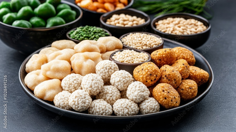 A plate of sesame seeds and jaggery sweets with decorative bowls of sugarcane and fresh produce, symbolizing the traditional foods of Makar Sankranti A plate of sesame seeds and jaggery sweets with decorative bowls of sugarcane and fresh produce, symbolizing the traditional foods of Makar Sankranti