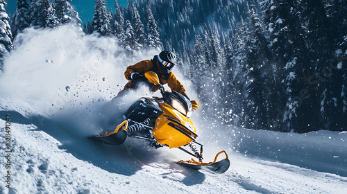A snowmobile rider performing a sharp U-turn on a mountain trail sending snow flying into the air.
