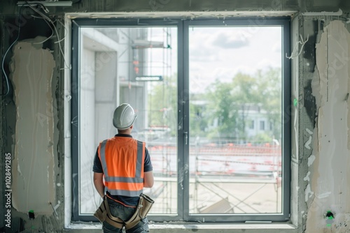 Contractor Overseeing Construction Project from Building Site Window