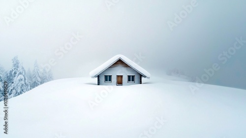 Wallpaper Mural Snowstorm engulfing a mountain cabin, harsh weather, snow-covered surroundings Torontodigital.ca