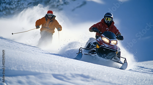 A snowmobile rider pulling a skier behind them the skier holding onto a tow rope as they glide over fresh powder. photo