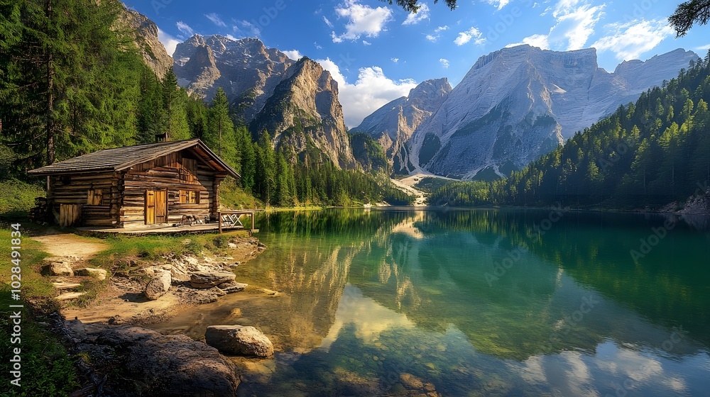 144. An isolated cabin by a tranquil lake, surrounded by mountains 144. An isolated cabin by a tranquil lake, surrounded by mountains