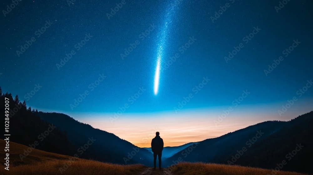 Fototapeta premium Bright comet streaking across the night sky, illuminating the path of travelers below, marking the Epiphany and the guiding star 
