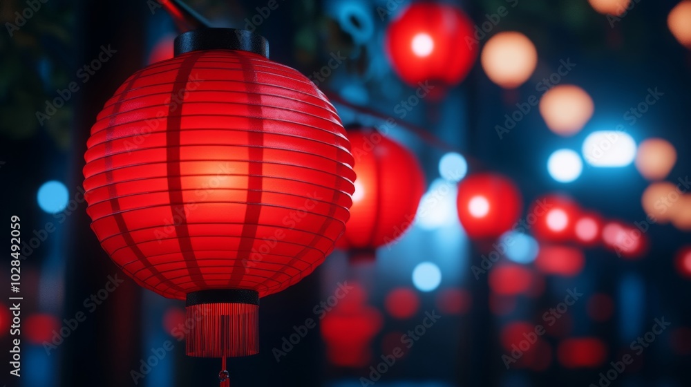 Εκτύπωση καμβά Bright red lanterns hanging under a full moon, illuminating the streets during a