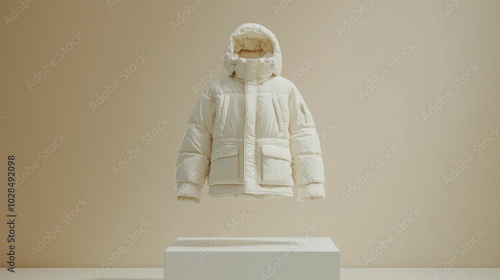 A stylish puffer jacket in a light cream color, displayed floating above a minimalist pedestal, showcasing modern design and elegance. A stylish puffer jacket in a light cream color, displayed floating above a minimalist pedestal, showcasing modern design and elegance.