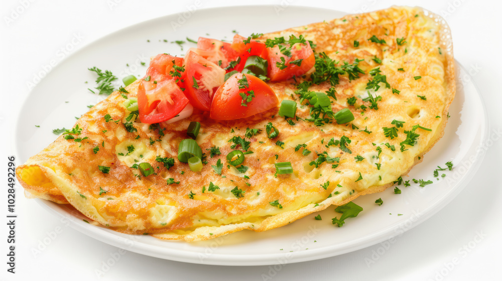 Delicious omelette topped with fresh tomatoes and herbs, showcasing vibrant and appetizing dish perfect for breakfast or brunch Delicious omelette topped with fresh tomatoes and herbs, showcasing vibrant and appetizing dish perfect for breakfast or brunch