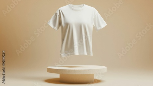 A minimalist product display featuring a white t-shirt floating above a circular platform with a soft beige background, emphasizing simplicity and elegance.