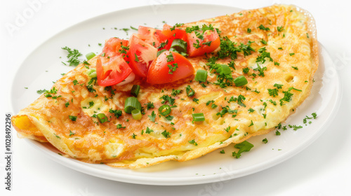 Delicious omelette topped with fresh tomatoes and herbs, showcasing vibrant and appetizing dish perfect for breakfast or brunch