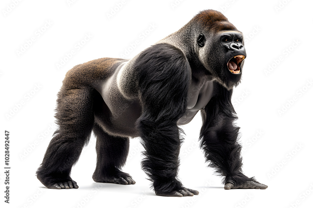 Strong gorilla roaring and standing isolated on white background Strong gorilla roaring and standing isolated on white background