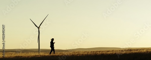 A solitary figure walks through an open field, accompanied by a wind turbine against a serene sky, symbolizing sustainability.