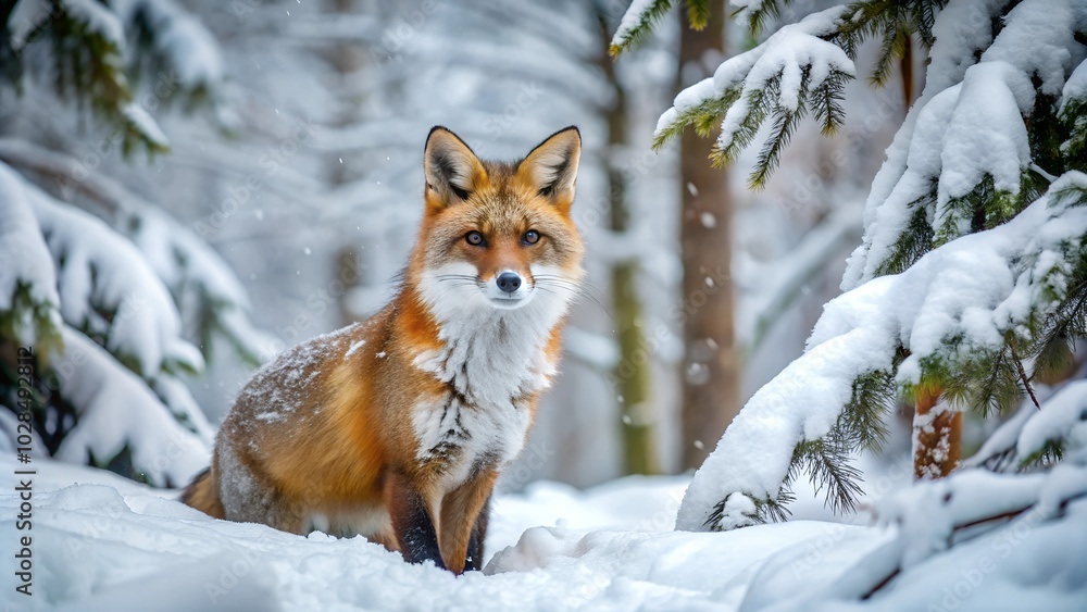 Fototapeta premium A fox in the winter forest, alert mood, navigating through a snowy terrain.
