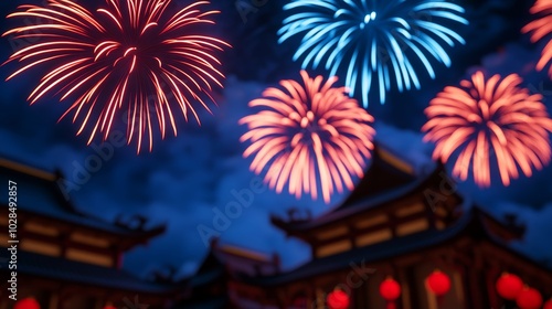 Colorful fireworks bursting over a temple, with traditional Lunar New Year decorations and lanterns lighting up the scene  photo