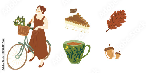 Cozy fall illustration - set of cake, tea cup, lady with vintage bike - autumn vector illustration set