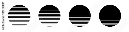 Set of suns made of striped halftone gradient lines texture. Fading horizontal stripes gradation background from thin to thick. Black circles halftone pattern isolated on white vector illustration.