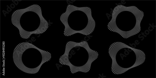 Circular sound waves. Abstract circular lines pattern. Music audio bursts. Ring of thin rays with wavy silhouette. Radial spectrum design. White geometric waveform vector set isolated on black.