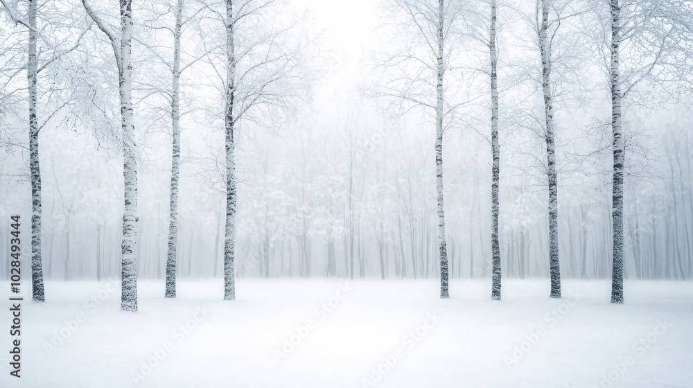 Obraz premium Snowflakes gently falling in a quiet forest, winter weather, serene and peaceful
