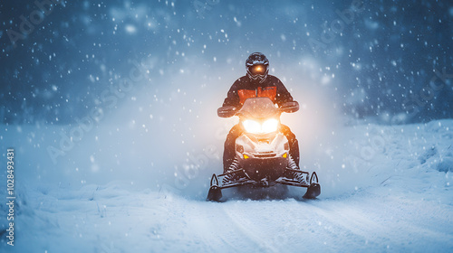 A snowmobile rider wearing reflective gear navigating through a snowstorm with visibility rapidly decreasing. photo