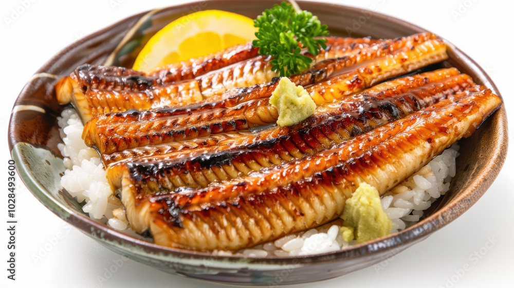 Delicious grilled eel served over bed of fluffy rice, garnished with lemon and wasabi, creating delightful and savory dish that is visually appealing Delicious grilled eel served over bed of fluffy rice, garnished with lemon and wasabi, creating delightful and savory dish that is visually appealing