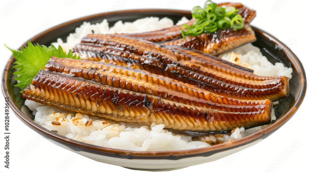 Delicious grilled eel served over bed of fluffy white rice, garnished with fresh green onions and touch of shiso leaf, creating delightful and savory dish Delicious grilled eel served over bed of fluffy white rice, garnished with fresh green onions and touch of shiso leaf, creating delightful and savory dish