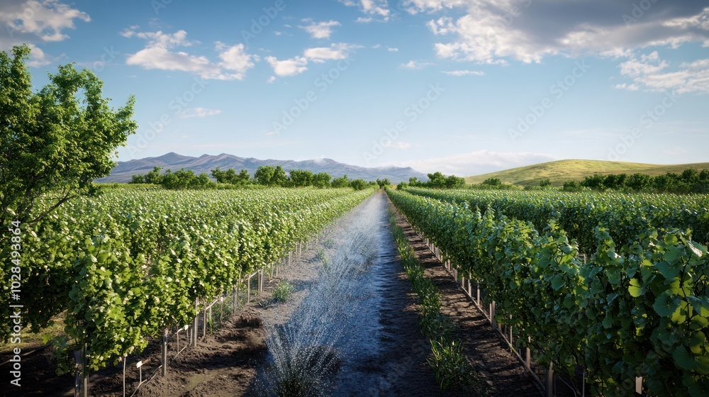 Irrigation System Watering Rows of Grape Vines in a Vineyard Irrigation System Watering Rows of Grape Vines in a Vineyard