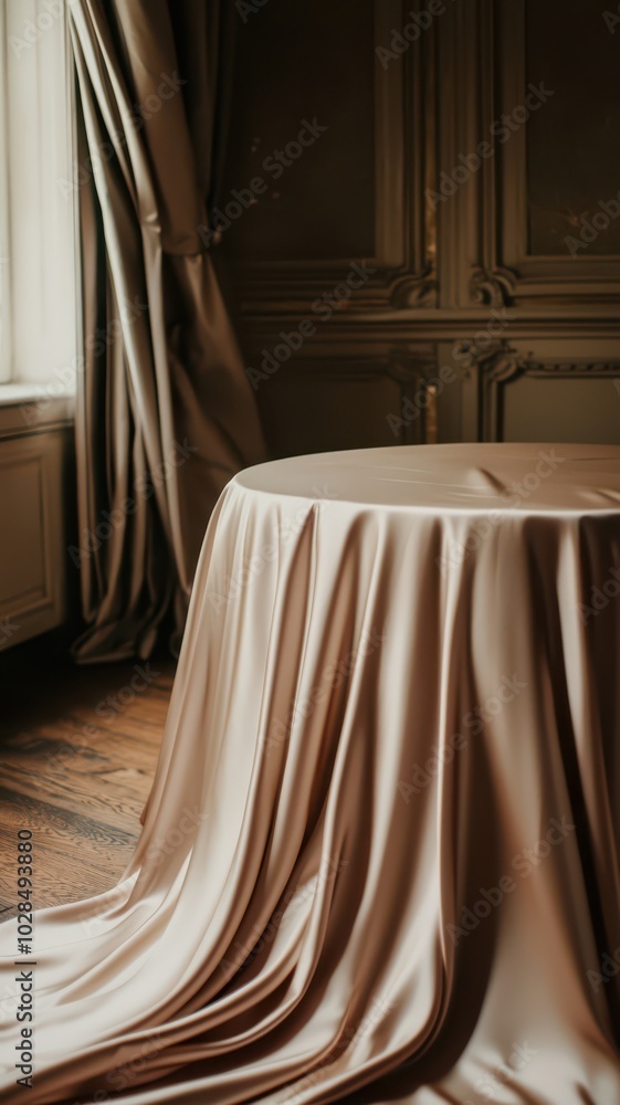 Luxurious satin elegantly draped on a table, creating a moody atmosphere with focused lighting accents. Luxurious satin elegantly draped on a table, creating a moody atmosphere with focused lighting accents.