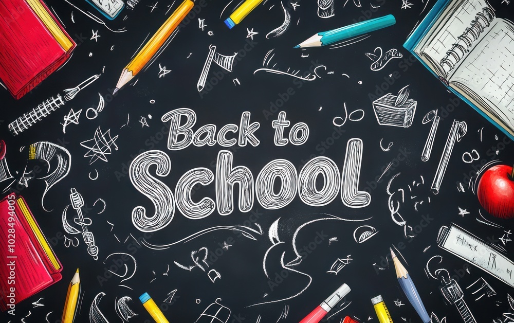 An artistic illustration of a hand-drawn collection of school supplies in a vintage style, set on a dark chalkboard background An artistic illustration of a hand-drawn collection of school supplies in a vintage style, set on a dark chalkboard background
