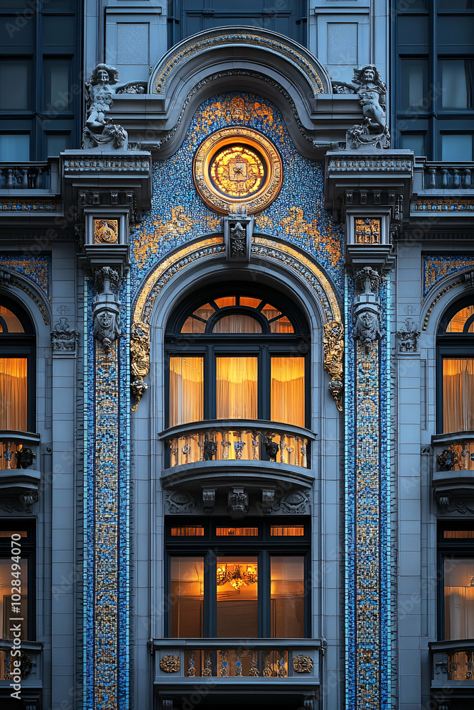 Fototapeta premium The building has a lot of windows and a clock on the front. The windows are open and the building is lit up