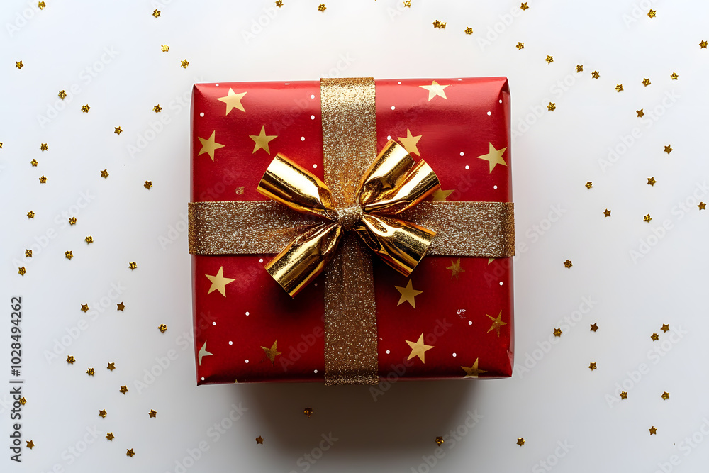 Top view wrapped red gift box with golden bow on a white background Top view wrapped red gift box with golden bow on a white background