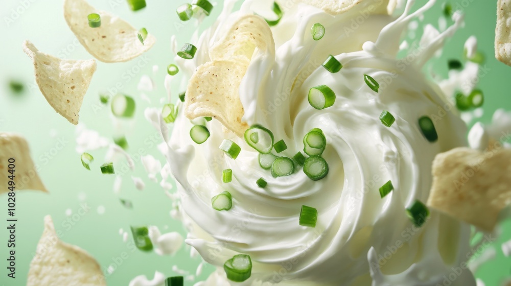 Creamy dip with tortilla chips and green onions in mid-air with a swirl and splash of white cream. Creamy dip with tortilla chips and green onions in mid-air with a swirl and splash of white cream.