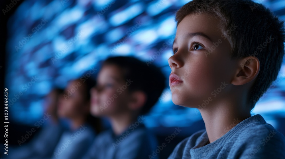 Obraz premium Futuristic classroom with holographic displays, diverse students learning through interactive technology, representing the future of education 