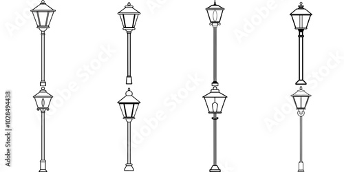 line art vector illustration collection of street lamp . isolate on a white background. SVG and PNG

