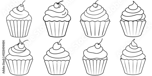 line art vector illustration collection of cupcake . isolate on a white background. SVG and PNG
