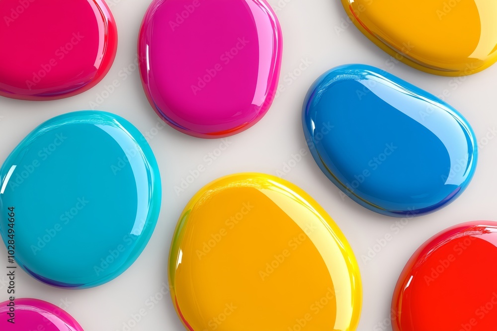 Row of colorful spheres with a white background. The spheres are of different colors. Concept of vibrancy, diversity. vibrant, glossy blobs in various colors floating on a clean, white background. Row of colorful spheres with a white background. The spheres are of different colors. Concept of vibrancy, diversity. vibrant, glossy blobs in various colors floating on a clean, white background.
