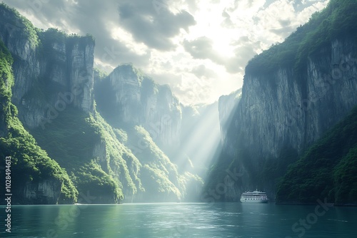 Yangtze River in China, sunny weather, green mountains and water photo