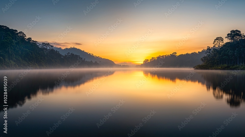Fototapeta premium Hazy sunset over a calm river, humid weather, golden hour light