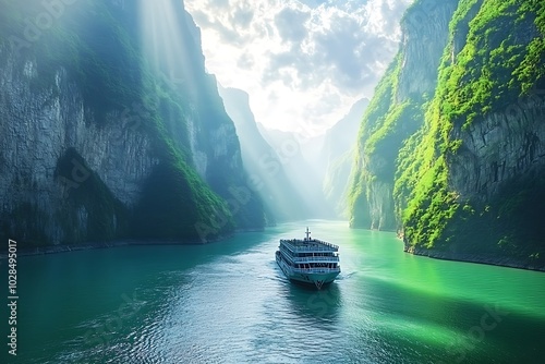 Yangtze River in China, sunny weather, green mountains and water