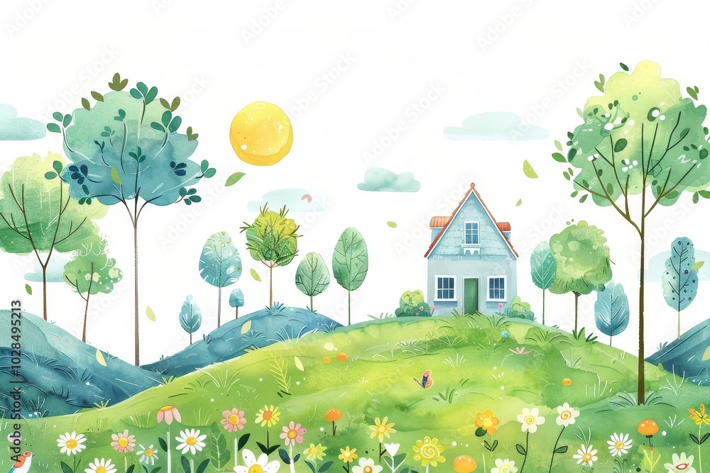 Fototapeta premium Peaceful House in Lush Green Landscape Illustration