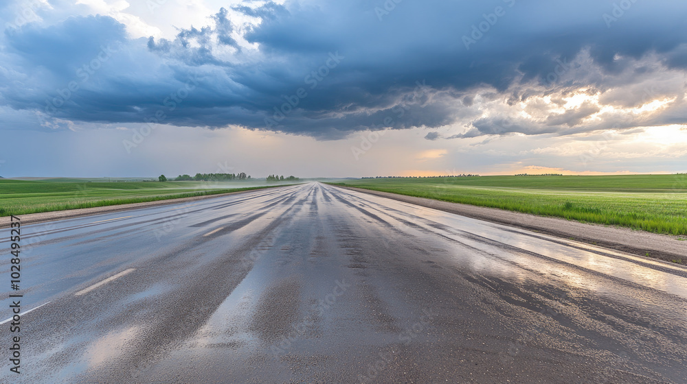Wet Green Fields and Rain-Kissed Road Under Dark Clouds Wet Green Fields and Rain-Kissed Road Under Dark Clouds