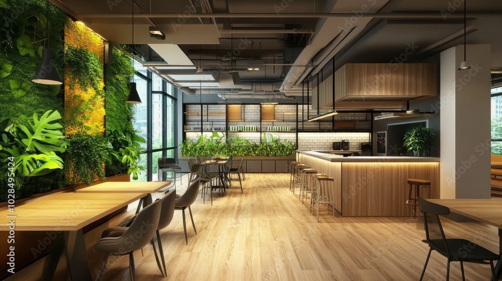 Modern Cafe Interior with Green Wall and Wooden Counter Modern Cafe Interior with Green Wall and Wooden Counter