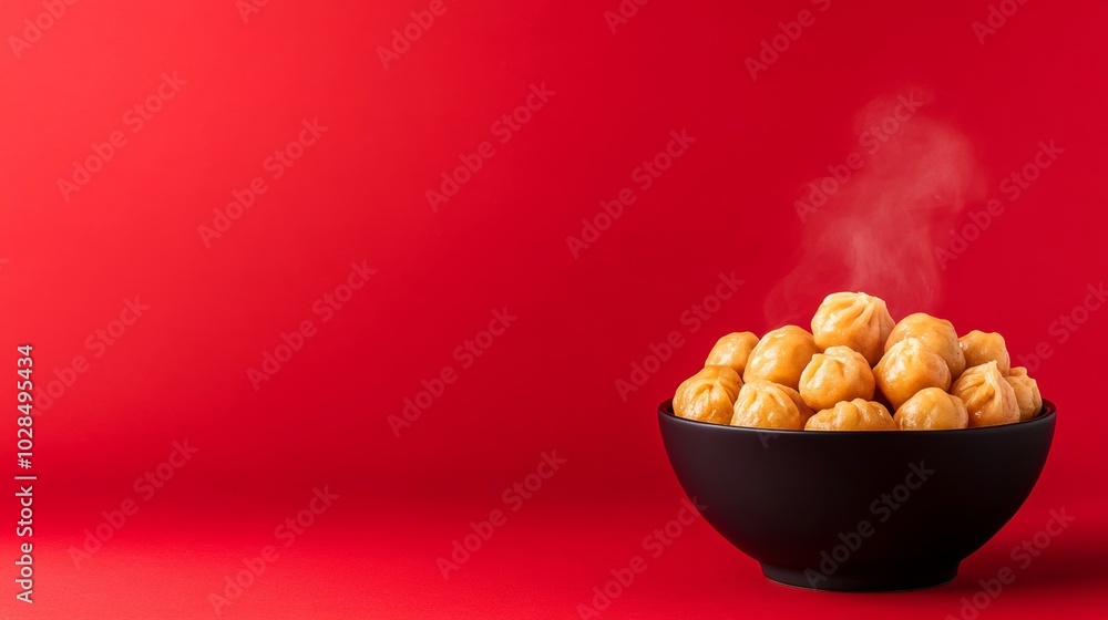 Isolated bowl of golden dumplings with steam rising, symbolizing wealth and family unity, set against a red background for Chinese New Year Isolated bowl of golden dumplings with steam rising, symbolizing wealth and family unity, set against a red background for Chinese New Year