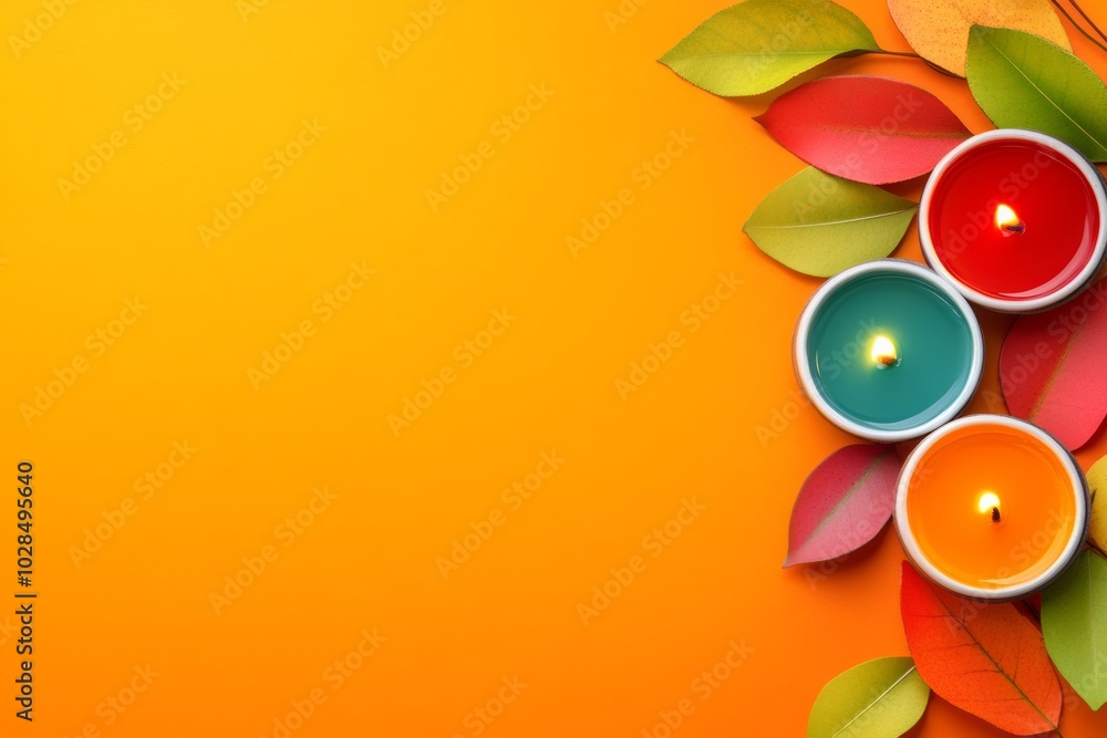 Obraz premium Table with three candles in different colored bowls and a leafy background. The candles are lit and the bowls are filled with water. Festive card for Diwali celebration