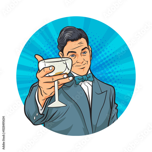 Avatar of man or business person in various poses, circle background, pop art comics style