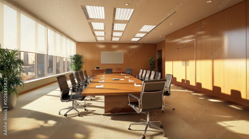 Modern Boardroom with Large Windows and City View Modern Boardroom with Large Windows and City View