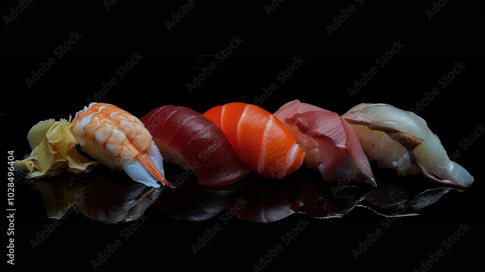 Delicious sushi assortment featuring shrimp, tuna, salmon, and other varieties, beautifully arranged on reflective surface, showcasing vibrant colors and textures Delicious sushi assortment featuring shrimp, tuna, salmon, and other varieties, beautifully arranged on reflective surface, showcasing vibrant colors and textures