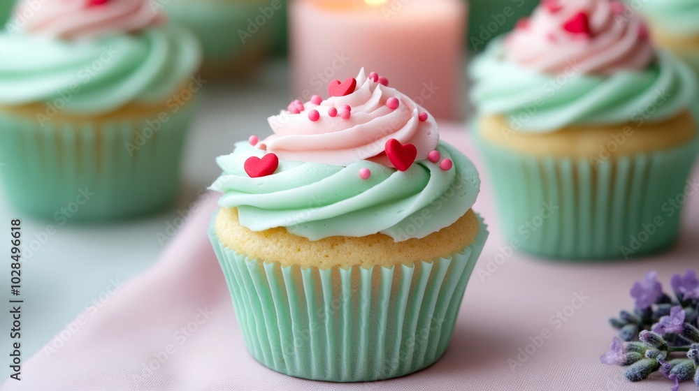Pastel-colored Valentine’s cupcakes with heart-shaped sprinkles, placed on a soft pink and lavender tablecloth, surrounded by mint green candles and flowers Pastel-colored Valentine’s cupcakes with heart-shaped sprinkles, placed on a soft pink and lavender tablecloth, surrounded by mint green candles and flowers