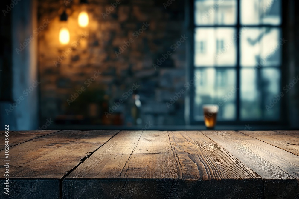 Old wood table with blurred concrete block wall in dark room background. with generative ai Old wood table with blurred concrete block wall in dark room background. with generative ai