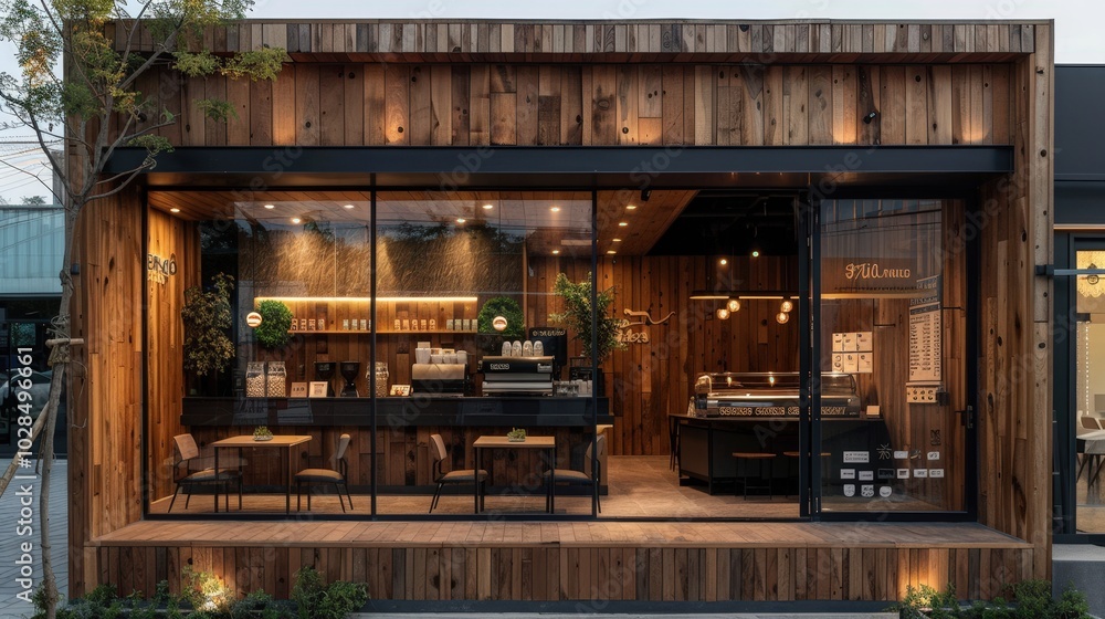 Charming Timber-Clad Coffee Shop Welcoming You with Warmth and Style on a Cozy Evening Charming Timber-Clad Coffee Shop Welcoming You with Warmth and Style on a Cozy Evening
