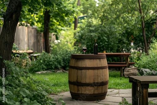 wine on wooden barrel on green garden terrace - generative ai