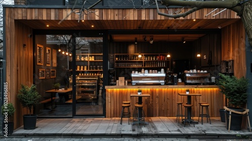 Charming Coffee Shop Exterior with Inviting Timber Accents and Warm Ambiance Awaiting Visitors